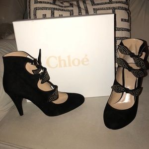 New in box CHLOE black bow tie cutout booties sz 39.5